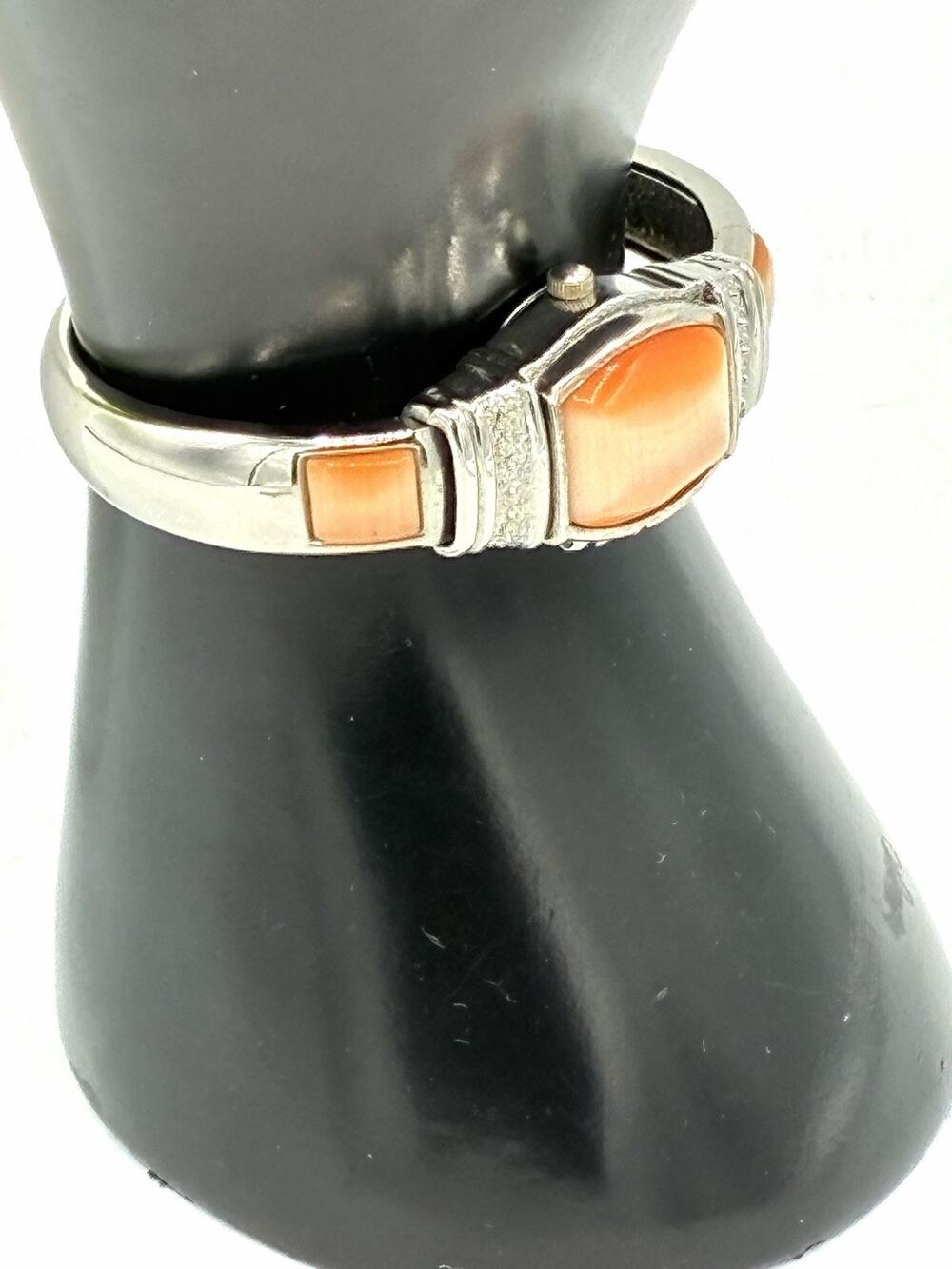 Alex L Womens Bangle Cuff Watch Silver Tone Peach Cats Eye Stone Japan Quartz